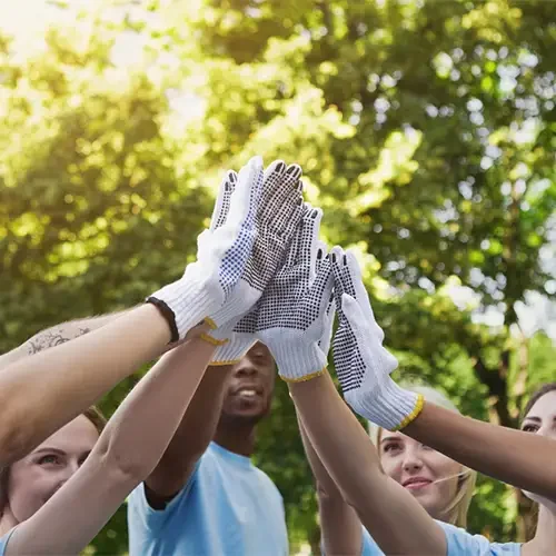 A group of volunteers high fiving.